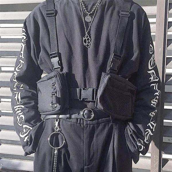 Sac de poitrine Punk Hip-Hop tactique Streetwear, sac de taille unisexe, sacs de gilet fonctionnels d'extérieur, harnais à deux poches, sac de plate-forme de poitrine 220513319P