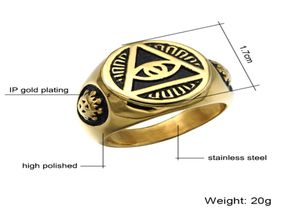 Punk Cool Gold Color Titanium roestvrij staal Illuminati Pyramid Evil Eye Symbol Signet Rings For Men Jewelry2009341
