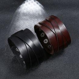 Punk Cross Leather Bangle Cuff Button Pulsera ajustable Wristand para hombres mujeres Joyería de moda negro