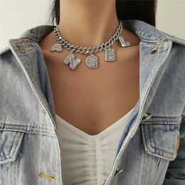 Punk Cuban Buckle ANGEL Letter Pendant Choker Necklace Fashion Luxury Rhinestone Crystal Tennis Chain Necklace Women Jewelry