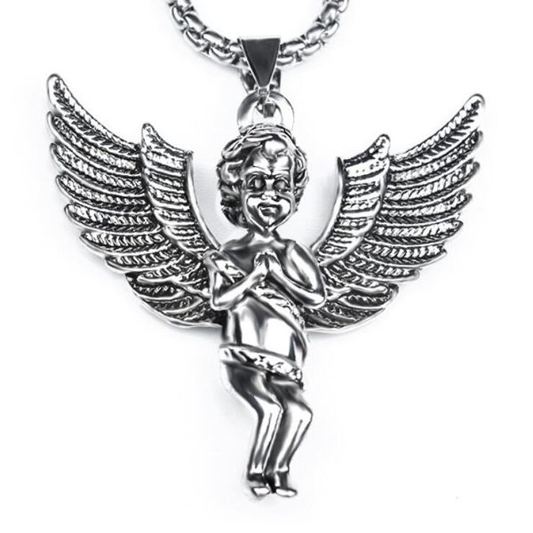 Punk Cupidon Plume Ailes Ange Pendentif Collier Pour Femmes Hommes Gothique Bijoux Avec Chaîne En Acier Inoxydable