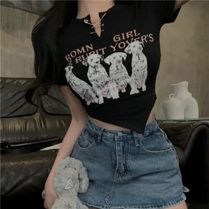 Punk Dalmatian Dog Graphic Letter Imprimée épissage Top sexy à manches courtes Sexy T-shirt rétro BF Vêtements T-shirt 240517