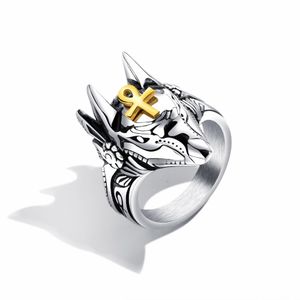 Punk Egypte Cross Anubis Wolf Knappe Ring voor Mannen Hoge Kwaliteit Roestvrij staal Zilver Kleurringen Dropship