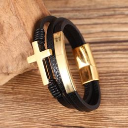 Bracelets de mode Punk croix noire initiale en acier inoxydable tissé à la main en cuir Bracelet charmes doré hommes lettre bijoux 1305S