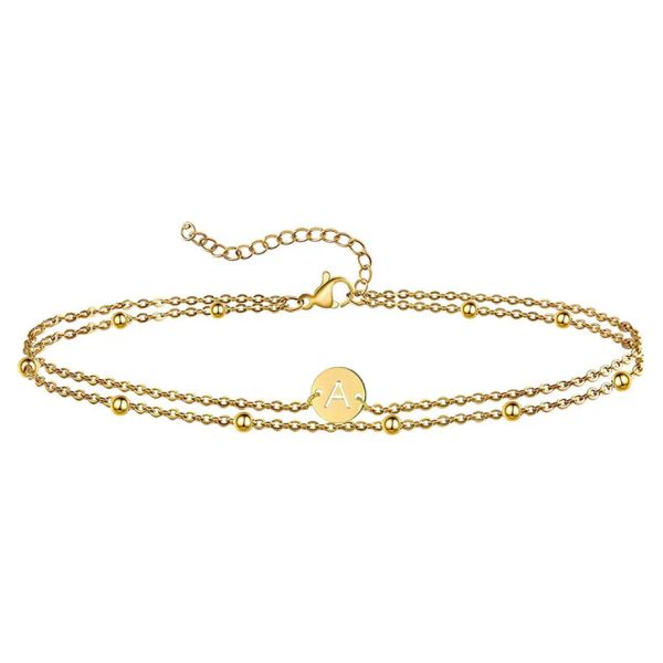 Bracelet à breloques rond avec lettres initiales Punk pour femmes, Double couche, couleur dorée, or jaune 14k, bijoux pour femmes