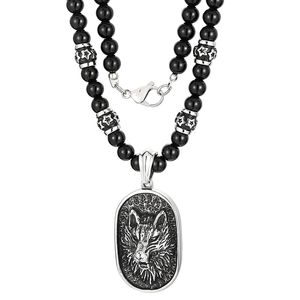 Punk mode acier inoxydable loup chien étiquette pendentif collier boule noire perle chaîne Agate lien pour hommes 8mm 27.6 pouces