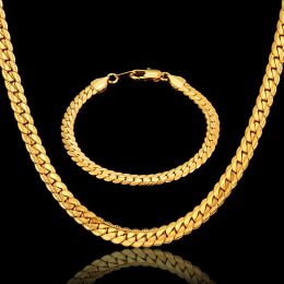 Ensemble de chaînes à maillons serpent plats Punk pour hommes, collier et Bracelet en or jaune 14 carats, ensembles de bijoux Vintage