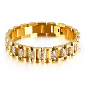 Hoge Kwaliteit Goud Kleur Horlogeband Ketting Armbanden Rvs Rose CZ Crystal Zircon Biker Link Armbanden Bangle Sieraden Voor mannen Vrouwen