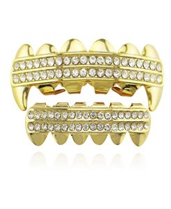 Punk Gold Teeth Grillz 2 Row Iced Out Grills Dental Hip Hop Vampire Fangs Teeth Caps Halloween Party Body Jewelry9876939