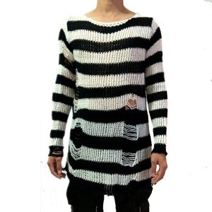 Punk gothic cool mannelijke gestreepte lange trui man stretch dunne trui gebroken truien uitgehold glst lente knittop jumpers