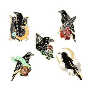 Punk gothique corbeau corbeau émail broches oiseau plume lune fleurs broches sac revers Badge mode bijoux cadeau pour amis enfants
