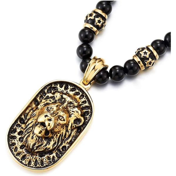 Collier Punk gothique tête de Lion pour hommes, titane, acier inoxydable, têtes d'animaux, bouclier, pendentif en verre, cristal, chaîne perlée, colliers rappeur Hip Hop, bijoux cadeaux pour hommes