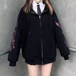 Punk graphique imprimé sweats à capuche femmes Vintage noir fermeture éclair ruban surdimensionné sweat femme 90s Harajuku Streetwear veste 220801