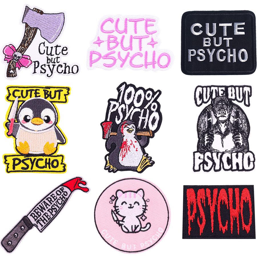 Punk Iron on Patches Cute But Psycho Wildly Popular Embroidered Patch Repair Applique Badge for Clothing Shirt Backpack Jacket Sewing Decorations