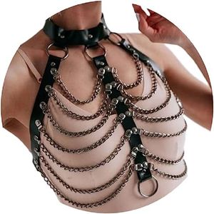 Punk gelaagde body chain zwart lederen beha gekooide harnas choker beha kettingen Gothic