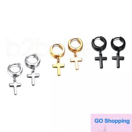 Punk hommes oreille Stud cercle rond croix Huggie boucles d'oreilles pour hommes petit Crucifix manchette boucle d'oreille en acier inoxydable Hip Hop mâle bijoux de qualité supérieure