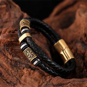 Punk Men Vikings Style Echte lederen armband gevlochten Meerlagige roestvrijstalen Noorse runes runes Bead Bangles paar sieraden cadeau 240423