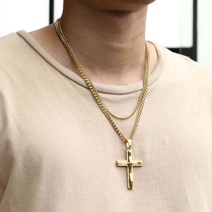 Punk Miami 2 stks / set Goud Kleur Grote Kruis Hanger Ketting Voor Mannen Vrouwen Stainlesteel Curb Cubaanse Link Chain Chunky Jewelry X0509