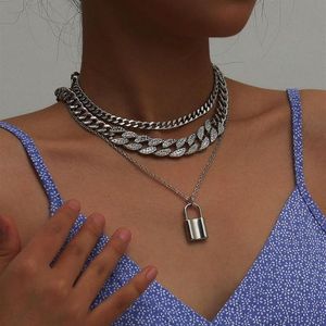 Punk Multilayer Love Lock Hanger Choker Ketting Steampunk Vrouwen Mannen Hangslot Kristal Strass Chunky Chain Kettingen Paar Jew200g