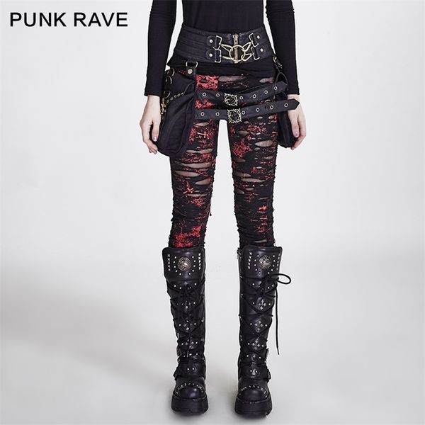 PUNK RAVE gótico mujeres mallas rotas mallas con agujeros elásticos de ganchillo transpirable pantalones rasgados negro rojo Steampunk encanto Sexy 211215