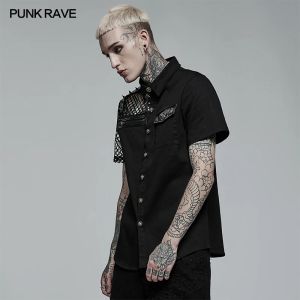 Punk rave heren punk eenvoudige asymmetrische stikselde shirts met korte mouwen met spookvormige knoppen persoonlijkheid casual blouses zomer