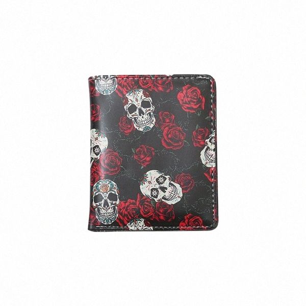 Punk Red Rose Skelet Print Portefeuille court pour femmes hommes titulaires de carte de crédit ID clé pièce fermeture éclair sacs à main style gothique PU pochette n1kW #