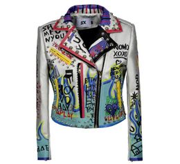 Punk Klinknagel Graffiti Afdrukken Bikerjack Dames Pu Leren Jas Lente Herfst Dames Chaqueta De Cuero Mujer Kurtki Damskie Women7376913