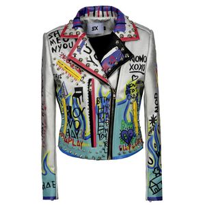 Punk Rivet Graffiti Impression Biker Veste Femmes Pu Manteau En Cuir Printemps Automne Dames Chaqueta De Cuero Mujer Kurtki Damskie Femmes Faux