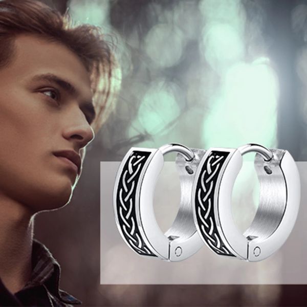 Boucles d'oreilles Punk Rock à nœud celtique pour hommes, cerceau étanche en or blanc 14K, Huggie, cadeaux pour lui, bijoux, brincos masculinos