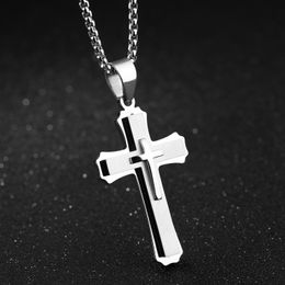 Accessoires de mode punk rock crucifix en titane à trois couches collier pendentif homme croyance religieuse acier pur audacieux avec chaîne 001