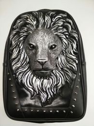 PUNK ROCK MENS ÉTUDIANTS SCOLAIRE BOOK SAC À DOS nouvelle tendance de la mode tête de lion en trois dimensions 3D Rivet personnalisé King Backpack POUCH Cosmetic BAGS Cases