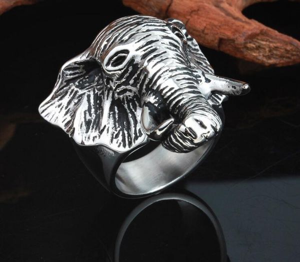 Punk Rock Vintage Animal Mâle Anneaux Taille 8-12 En Acier Inoxydable Éléphant Tête Antique Hommes Bagues Biker Dropshipping Bijoux Anneaux