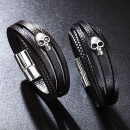 Bracelet en cuir Punk crâne multicouche bracelets en cuir PU breloque tête squelette bracelets à boucle magnétique pour hommes