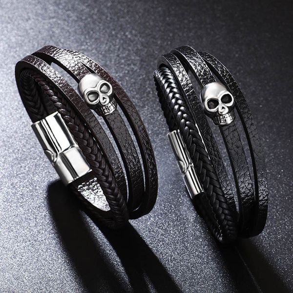 Pulsera de cuero de calavera de punk múltiples pulseras de cuero de puro encanto de la cabeza del esqueleto pulseras magnéticas de hebilla para hombres