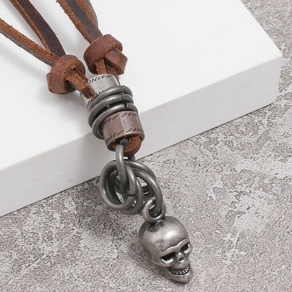 Punk Stéréoscopique Tête Humaine Crâne Pendentif Collier Réglable En Cuir Chaîne Colliers pour Femmes Hommes Halloween Mode Bijoux Cadeau