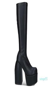 Punk -stijl herfst winterlaarzen elastische microfiber schoenen vrouw enkel laarzen hoge hakken zwart dik platform lange knie high boots5443532