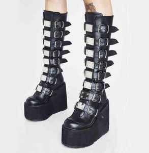 Punkstijl merk dames motorfiets laarzen zwarte mode wig hiel schoenen herfst winter gothic demonias platforms vrouw laarzen y7715188