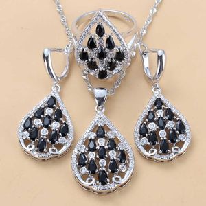 Punk stijl kostuum zwart zirkoon zilveren kleur sieraden sets voor vrouwen ketting en oorbellen sets H1022