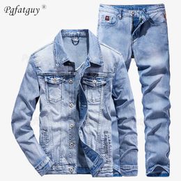 Punk Style hommes 2 pièces ensemble nouveau printemps Simple bleu clair déchiré à manches longues Denim veste + jean mode Slim Couple jean ensemble X0909