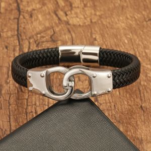 Personnalité de style punk menottes en acier en titane pour hommes bracelet en cuir