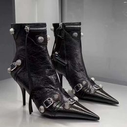 Botas de cuero de estilo Punk con tacones altos para mujer, botas de diseñador, botas cortas con remaches, botas de moto a la moda para mujer