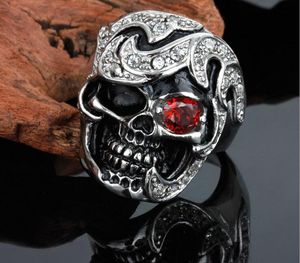 Estilo punk Anillos de esqueleto vintage Acero inoxidable Negro Plata Tribu Rojo CZ Ojo Cráneo Cast Biker Anillo para hombre