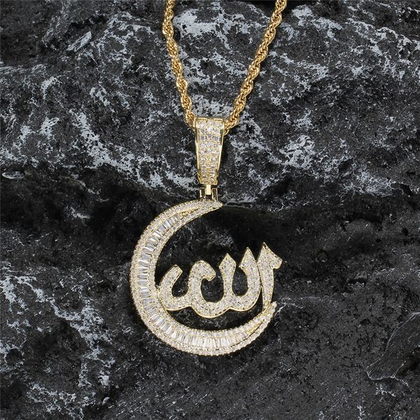 Hip Hop Iced Out Moon Colgante Collar Oro Plateado Micro Pavimentado Cubic Zircon Mens Bling Jewelry