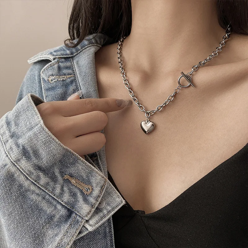 Punk Thick Lock Chain Heart Shape Pendant Short Choker Necklace for Women Retro INS Silver Color Metal Neck Chain Jewelry Gift