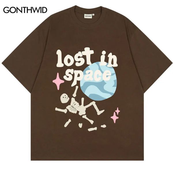Punk Tshirt Streetwear Hip Hop Skeleton Letter Planet Planet impresión Camisetas de roca gótica Harajuku Capasto de manga corta de algodón 240410