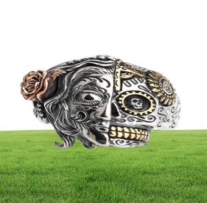 Punk Two Face Silver Jewelry Ring For Men 925 Sterling Silver Rose Skull Men Ring 5886969