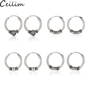 Punk Vintage Circle Hoop Earrings Female Knotted Hoop Earrings Ancient Silver Round Ear Ring For Women Men Wholesale Jewelry