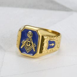 Punk Vintage Gold Blue Color Side Masonic for Woman Mens 14k Joya de oro amarillo Símbolo Fremason G Templario Freemasonry Male Anillos