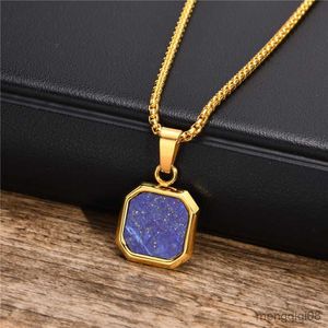 Punk vintage lapis lazuli hanger ketting voor mannen goud kleur roestvrij staal geometrische mannelijke kraag