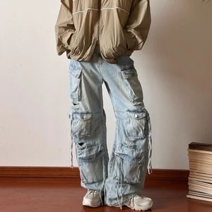 Vent punk multi-poche de couleur unie droite de couleur masculine de conception de conception de conception de sage de hip-hop lavé mi-jumette pantalon de jambe large lâche 240421
